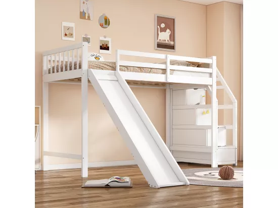 Lit superposé 90x200 cm lit d'enfant avec toboggan échelle de rangement blanc