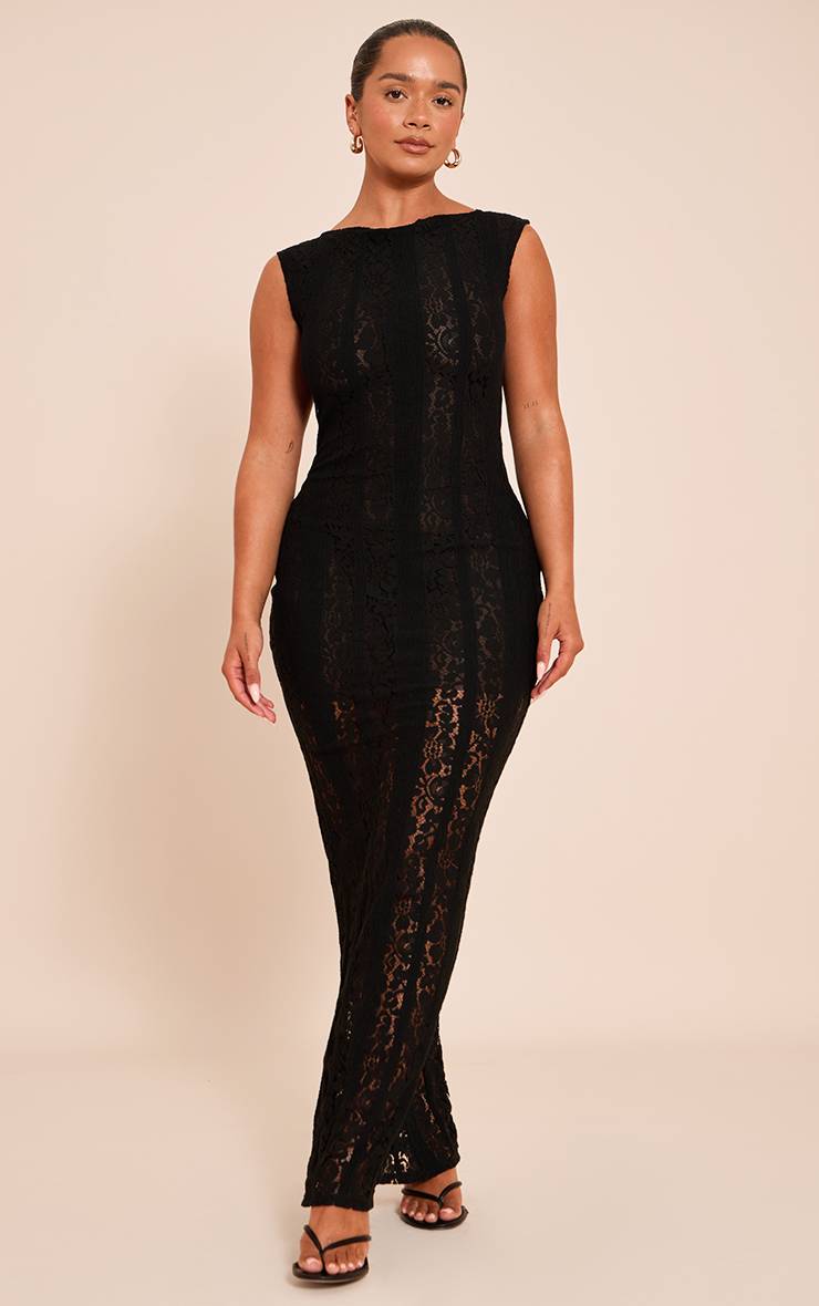 Noir Robe Longue En Dentelle À Encolure Bateau Sculptante