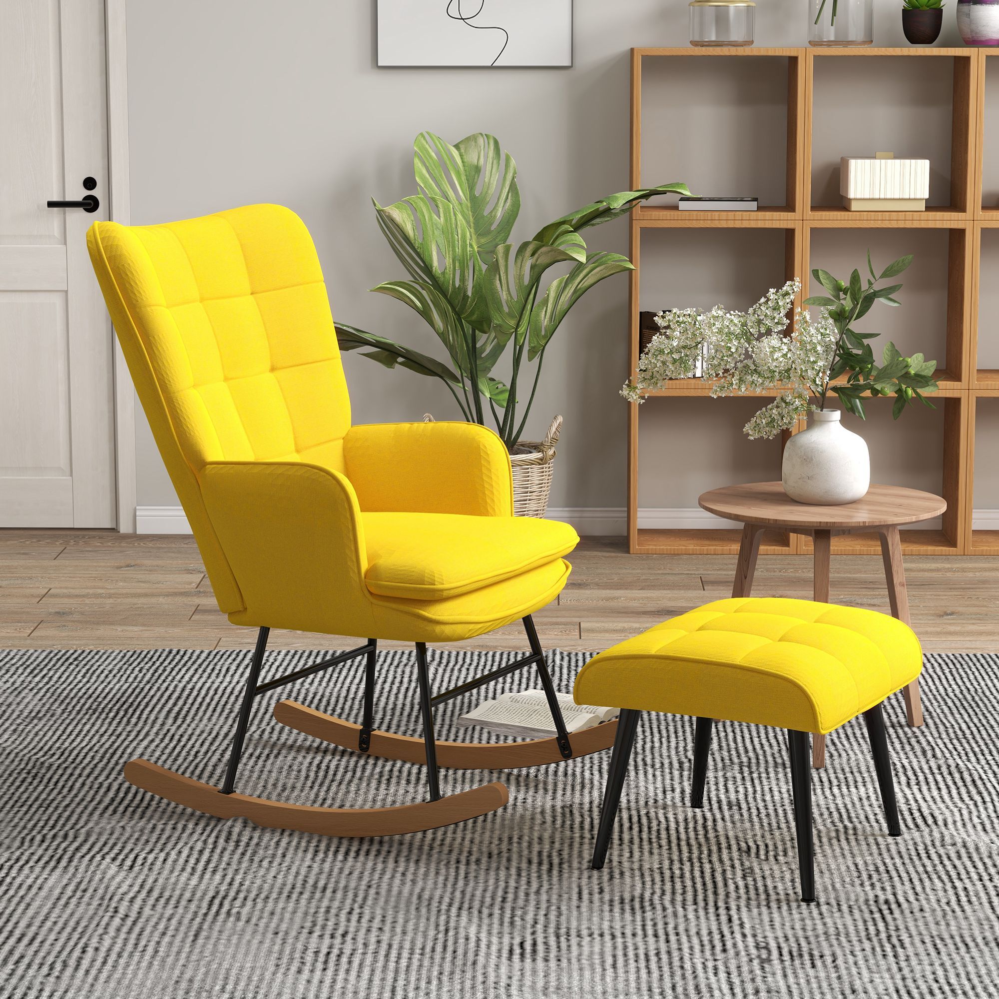 HOMCOM Schaukelstuhl mit Hocker und hoher Rückenlehne gelb 64L x 89B x 90H cm