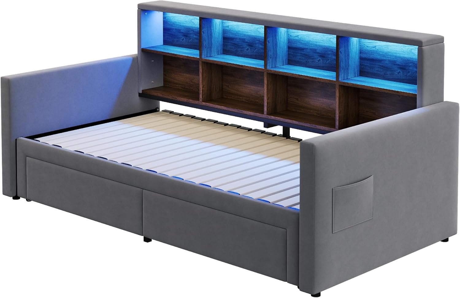 Ausziehbares Polsterbett Schlafsofa 90/180 x190cm, Kopfteil mit integrierten Staufächern, LED-Lichtleiste und Ladesteckdosen, Mit Zwei Schubladen und Lattenrost, Samtstoff Dunkelgrau