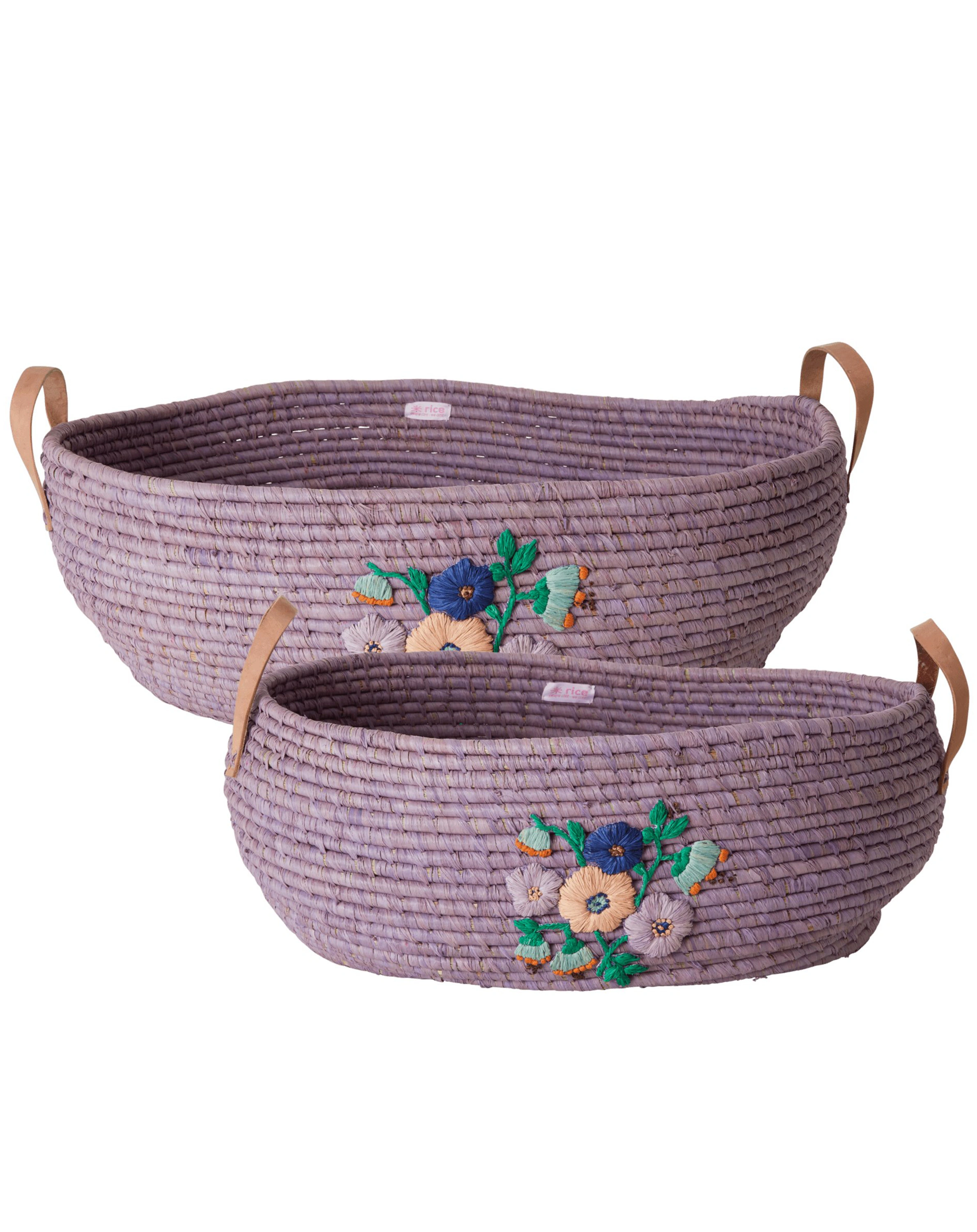 Raffia-Korb BIG OVAL - FLOWER 2-teilig in lila