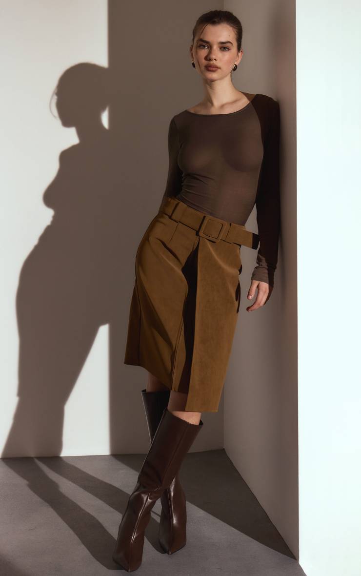 Light Brown Jupe Midi En Synthétiquecuir Souple Avec Ceinture