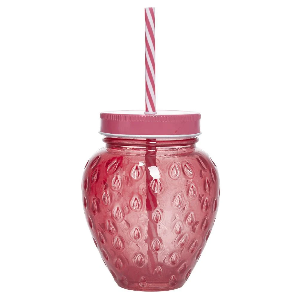 Gobelet en verre avec paille forme cactus ou fraise Ø10xH12,5cm