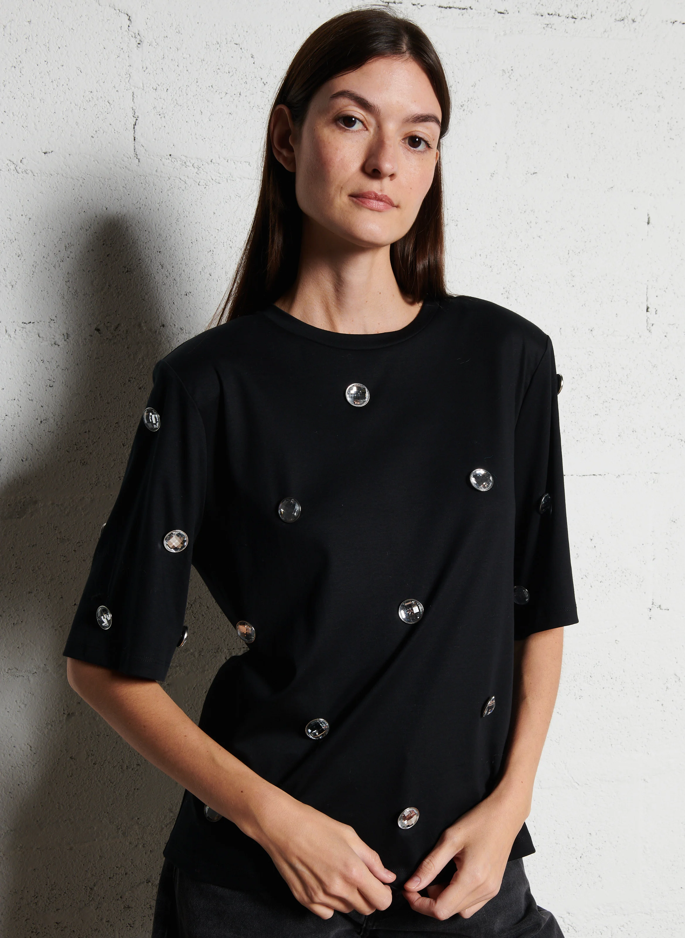 ESTUD - Tee-shirt col rond orné de diamant en coton | Noir