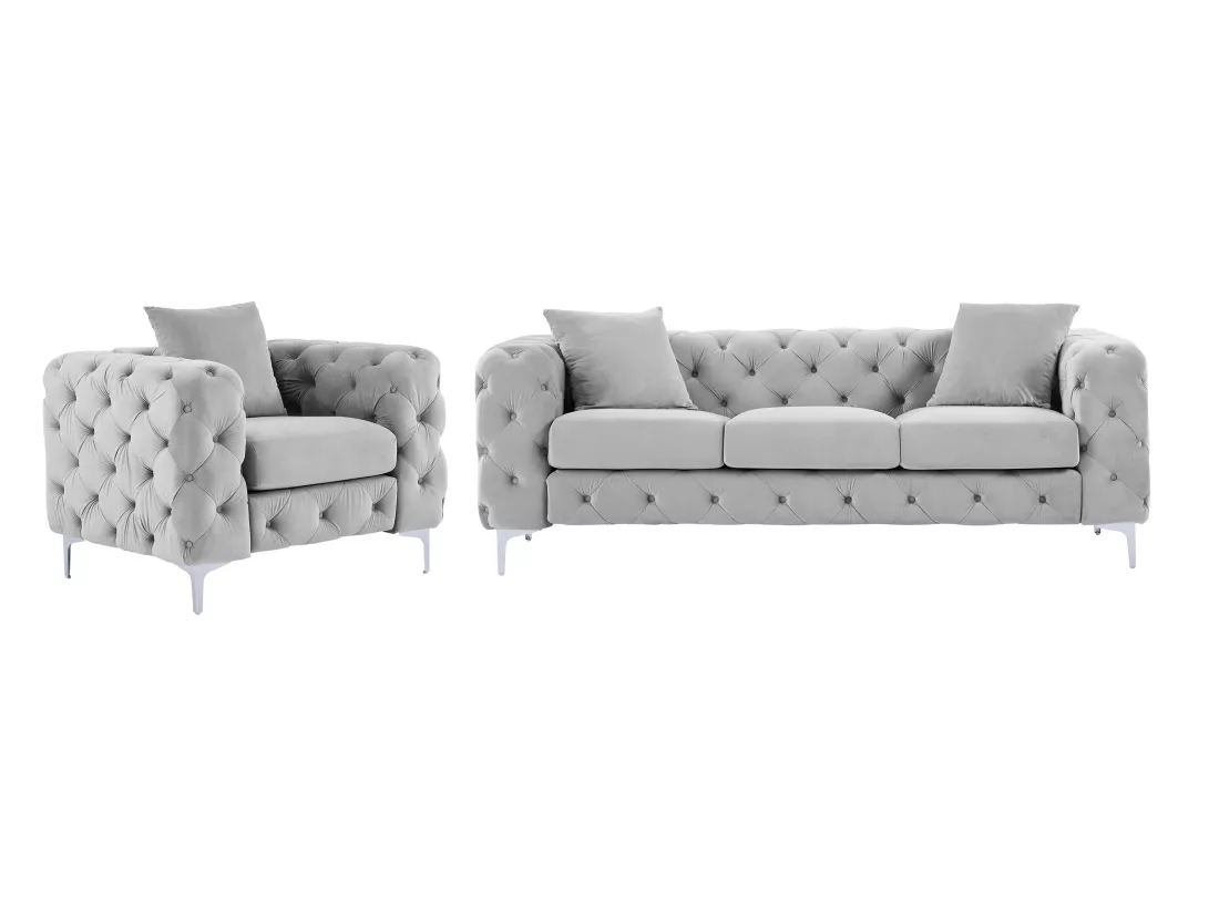 Canapé 3 places et fauteuil en velours gris clair EDWINA