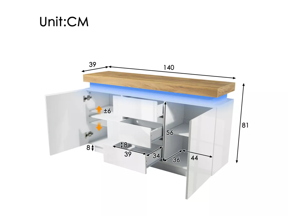 Commode avec LED - 3 tiroirs et 2 portes avec étagères réglables - Blanc