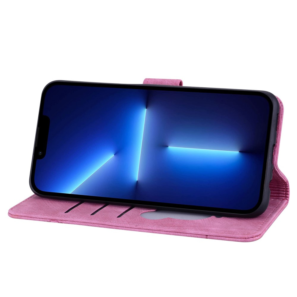 iPhone 13 Pro Leder Tasche Flip Cover Katze & Blumen Imprint - Pink