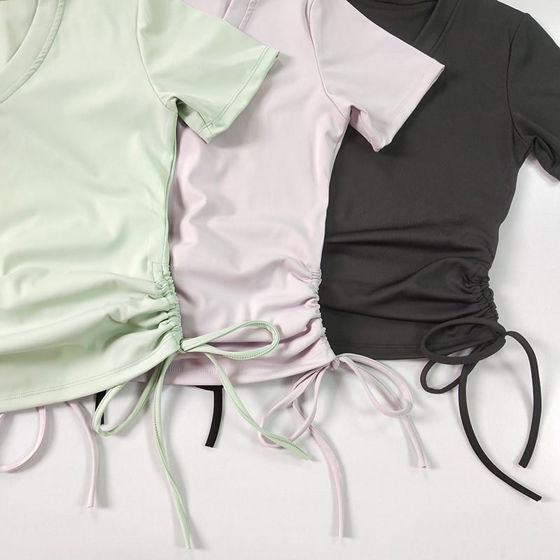 Runyz - Sport-T-shirt met korte mouwen, V-hals, effen, trekkoord en slanke pasvorm