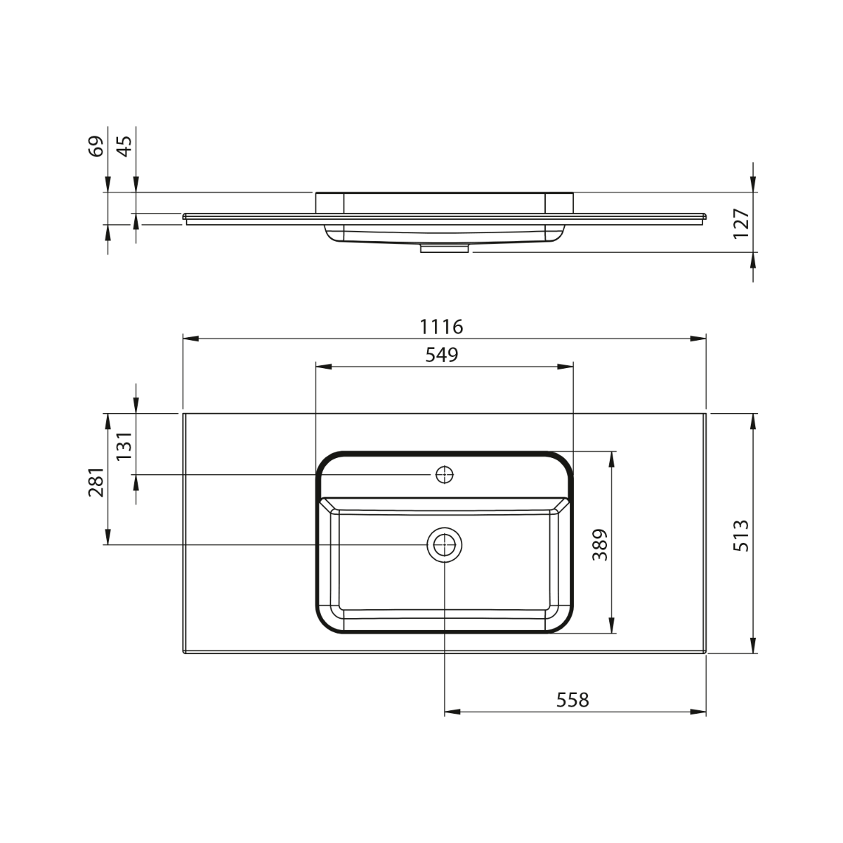 Sapho Brahea wastafel 110x50cm solid surface wit mat met brede rand en kraangat