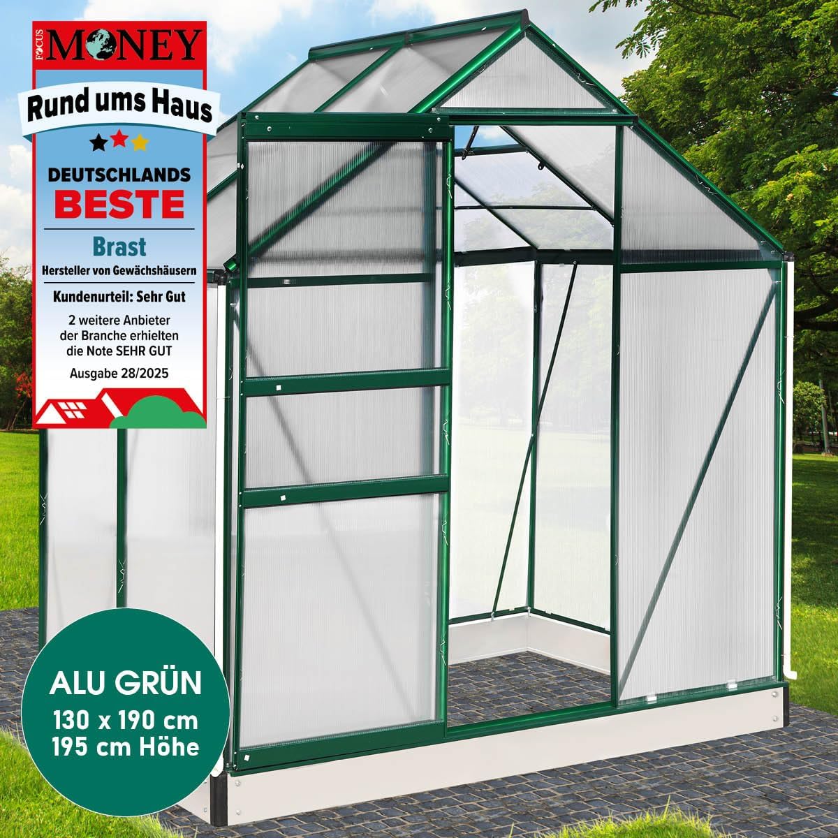 BRAST Gewächshaus Aluminium mit Fundament | 42 Modelle | 130x190x195cm - 490x250x235cm | TÜV geprüft | 6mm Hohlkammerplatten | rostfrei wetterfest temperaturbeständig | 130x190x195cm Grün
