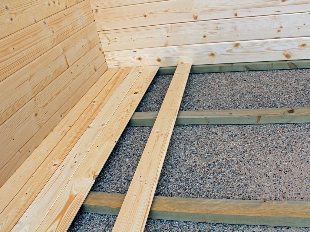 Gartenhäuser Fußbodenpaket passend für 10,5m² Innenfläche (7x1,5m²) 18 mm Starke Bodenbretter, inkl. Unterleghölzer