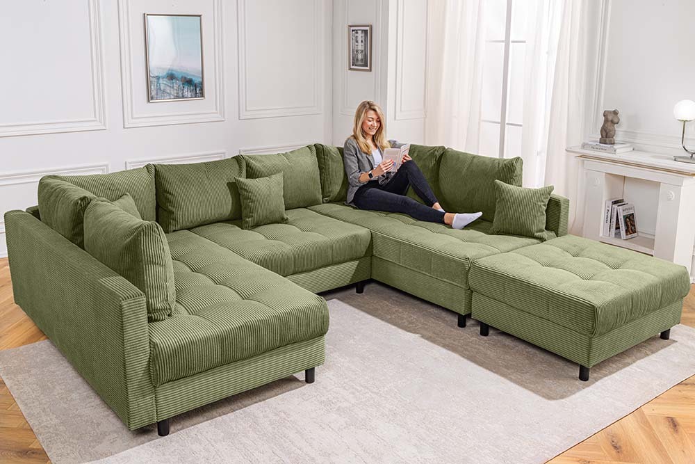 Moderne XXL Wohnlandschaft KENT 305cm grün Cord Bigsofa inkl. Hocker Federkern