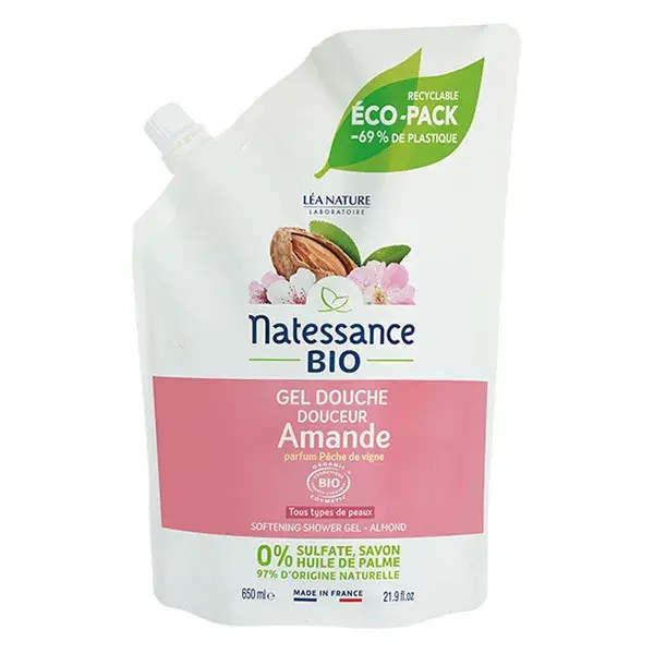 Gel de Banho Suave Natessance com Amêndoa e Pêssego Orgânicos, Refil Ecológico 650ml