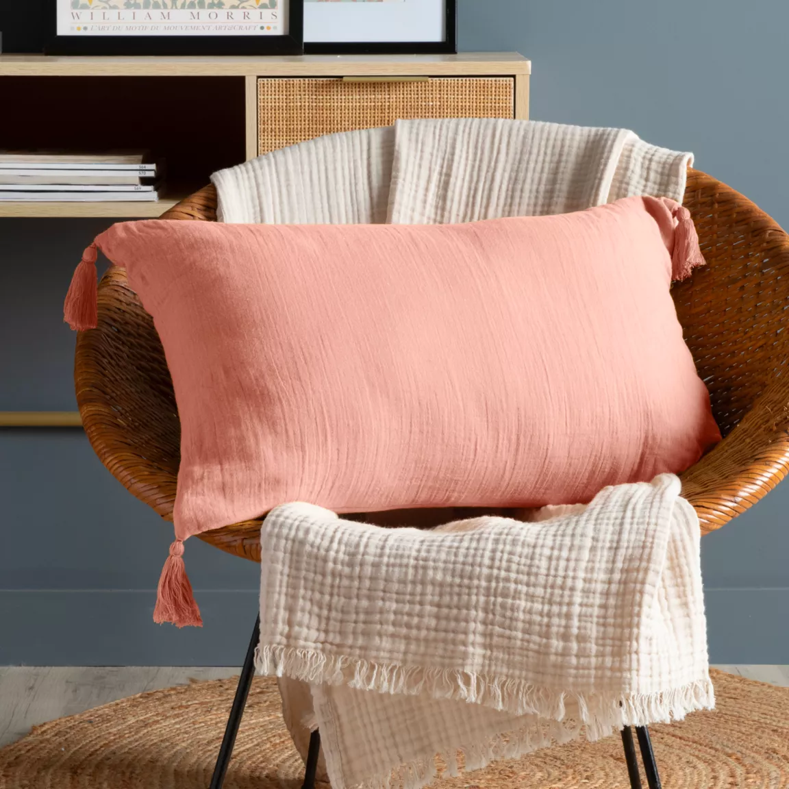 Coussin rectangulaire gaze de coton (40 x 60 cm) Gaïa Rose pêche