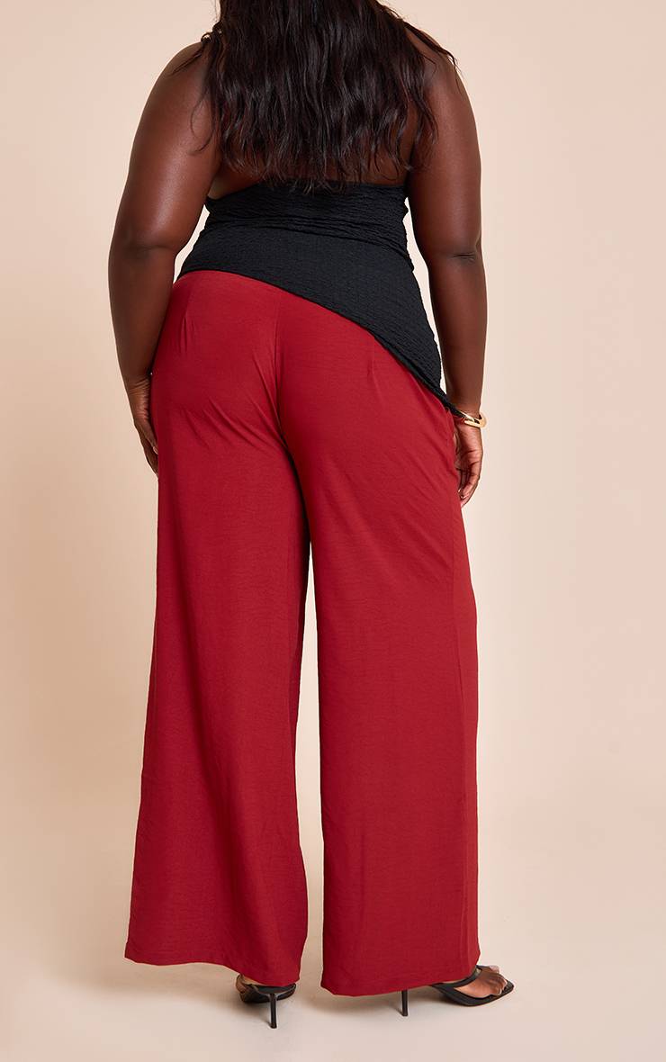 Rouge Profond Pantalon Large À Double Pli En Tissu Fluide Plus