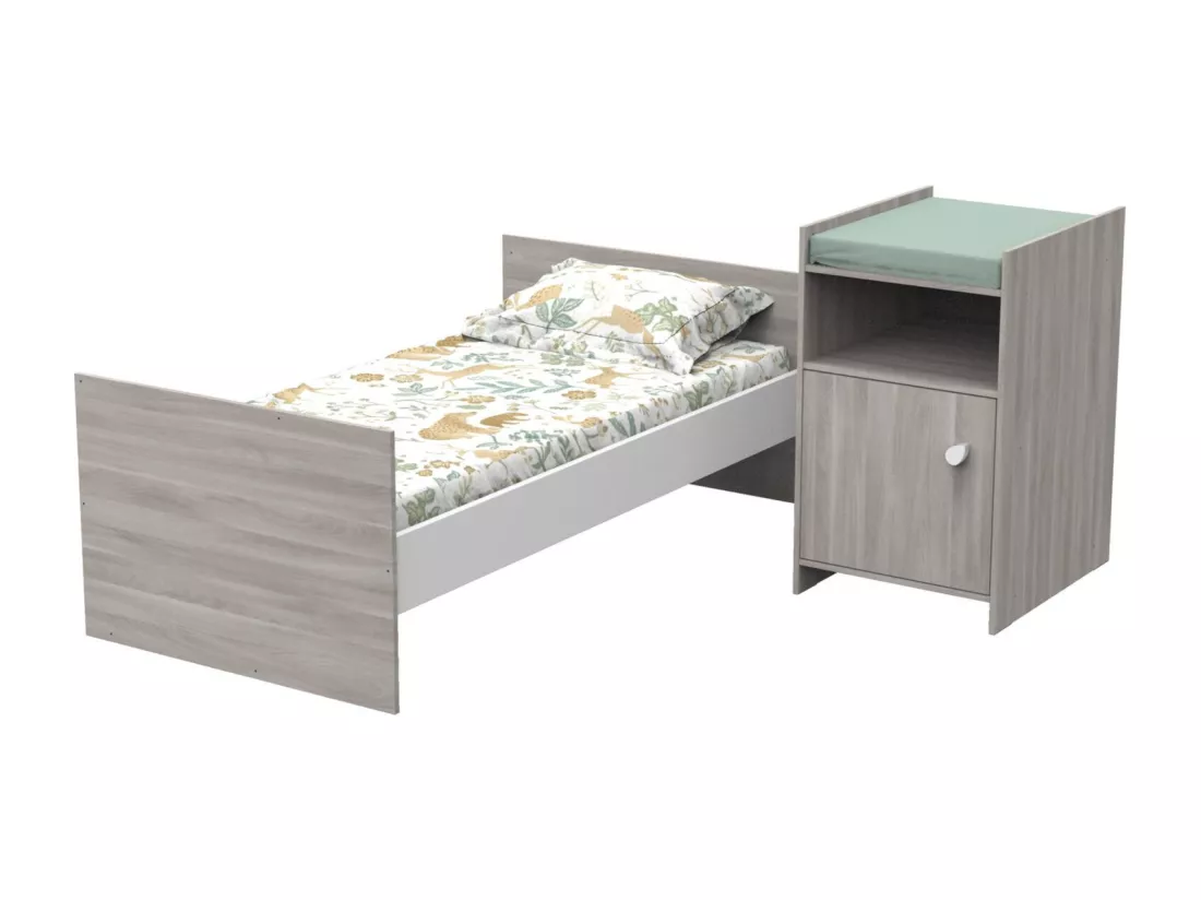 Lit bébé combiné 120x60 évolutif en 90x190 en décor bois avec commode à langer 1 porte
