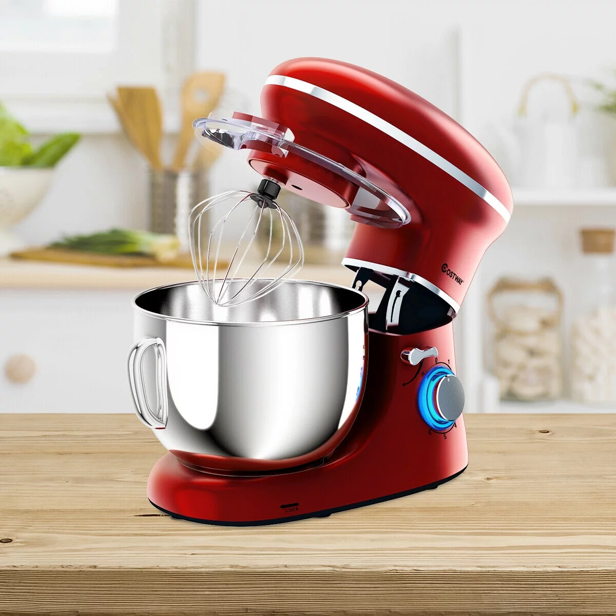 Batedeira de pedestal Costway de 6 velocidades, 660 W, com gancho para massa e batedor de arame, 6,3 qt (6,3 litros), branca.