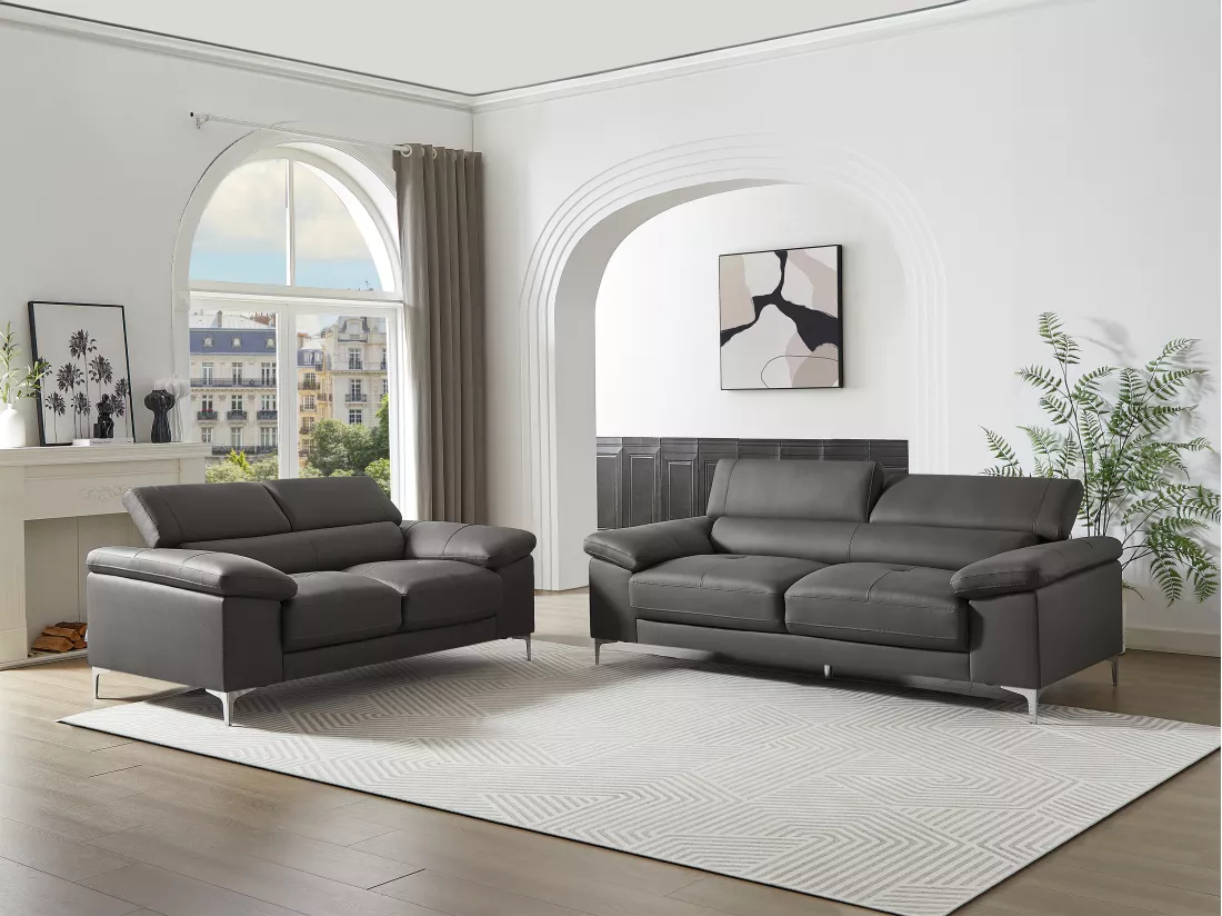 Canapés 3 places et 2 places en cuir gris anthracite SOLANGE