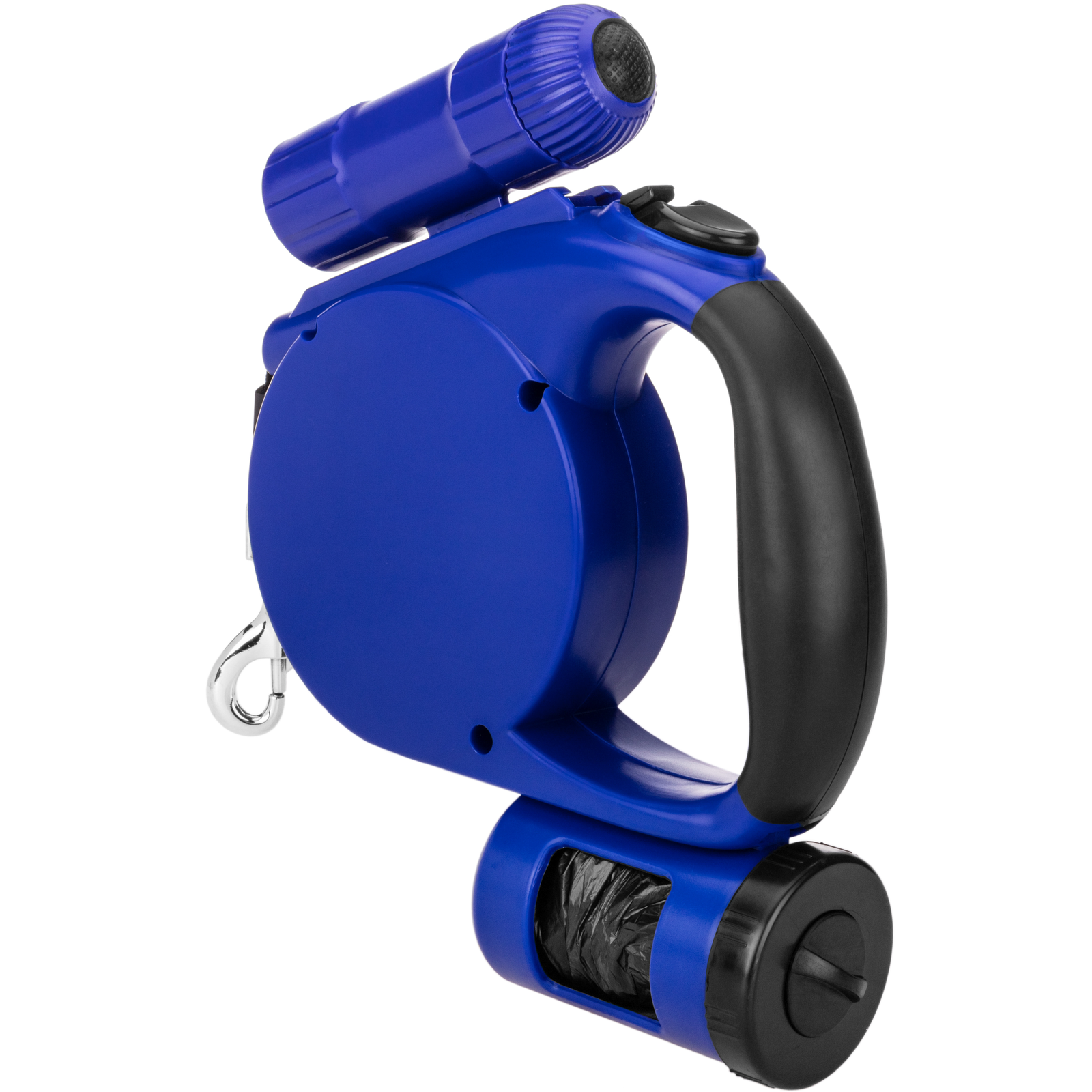 Guia extensível azul para animais de estimação com dispensador de sacos.