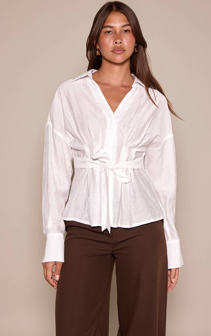 Blanc Chemise Rayée Tissée Cache-cœur À Nouer