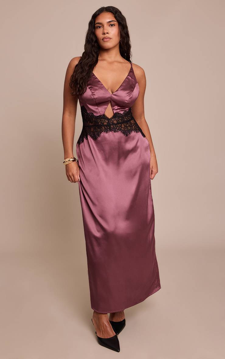 Rouge Bordeaux Robe Maxi Satinée Shape À Détails Dentelle Acid