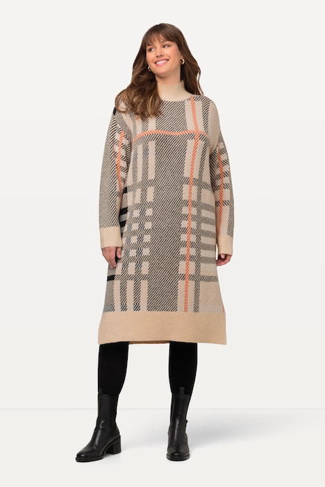 Strickkleid, Karo, Stehkragen, Langarm, Wollanteil