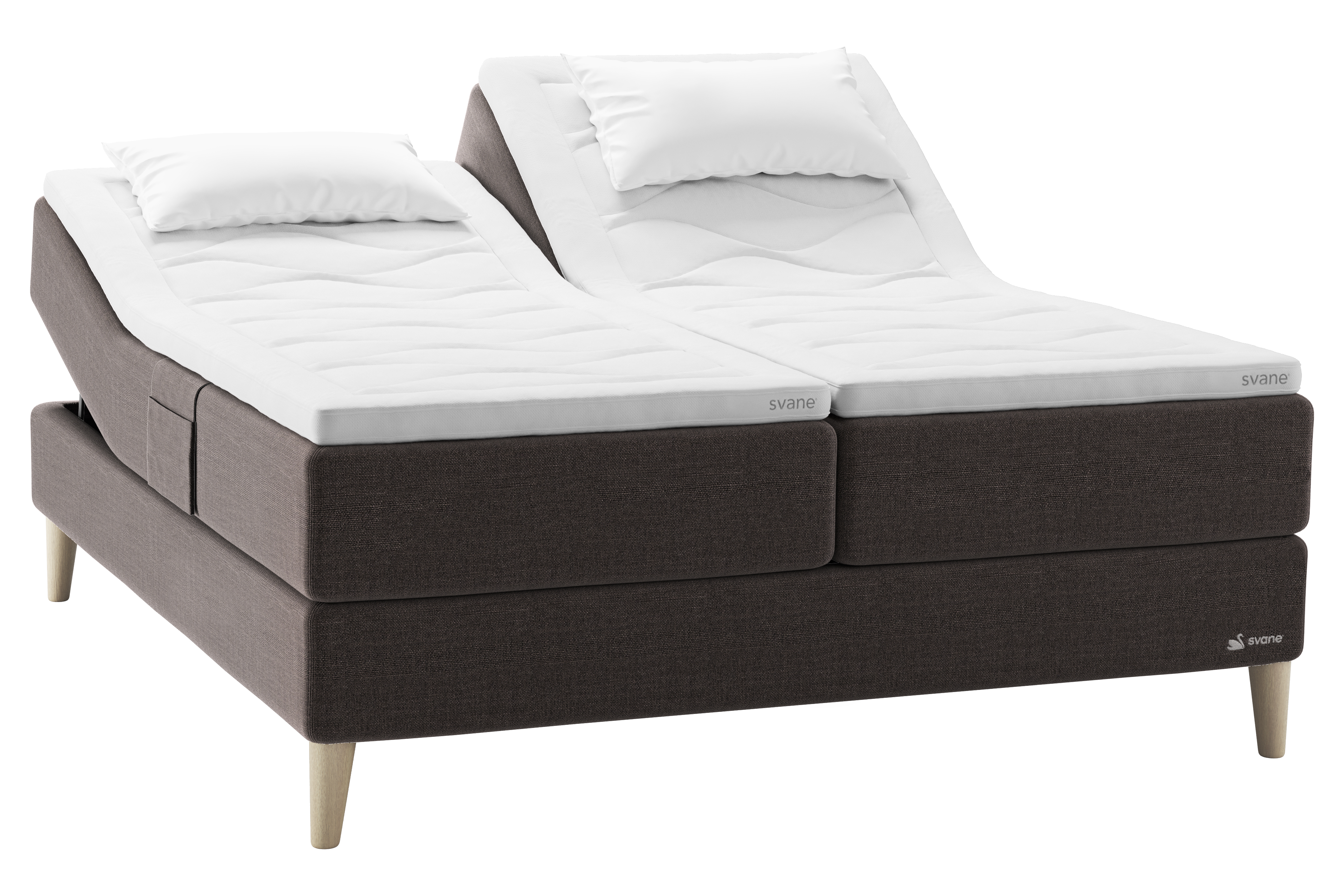Zilva Regulerbar seng 90x200 cm. Tekstil Moment Mocca med 19 cm Cone Leg i eik og Embrace LatexGel overmadrass. Hodegavl selges separat.