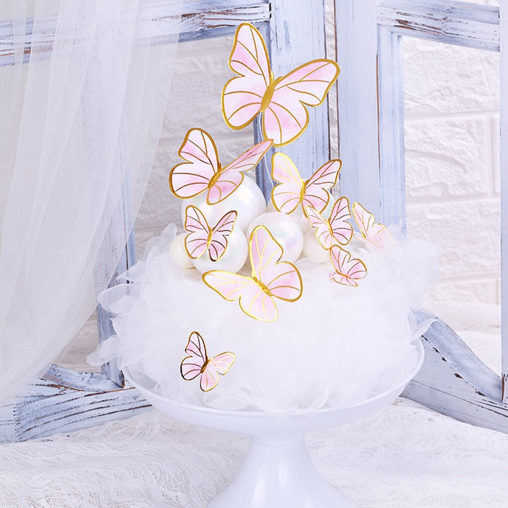 (10-tlg. Set) Kuchenstecker Schmetterling Tortenstecker Topper Dekoration für Torten / Kuchen - Rosa / Gold / Style 1