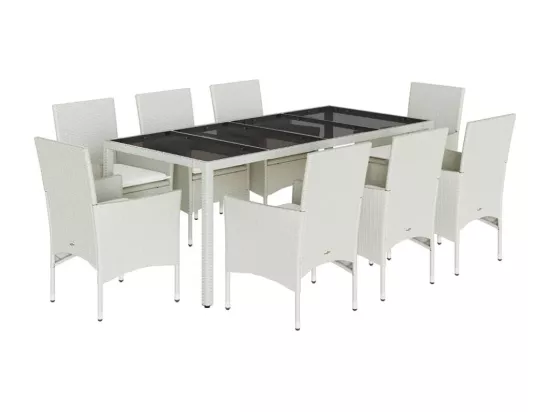 Ensemble à manger de jardin et coussins 9 pièces blanc rotin verre