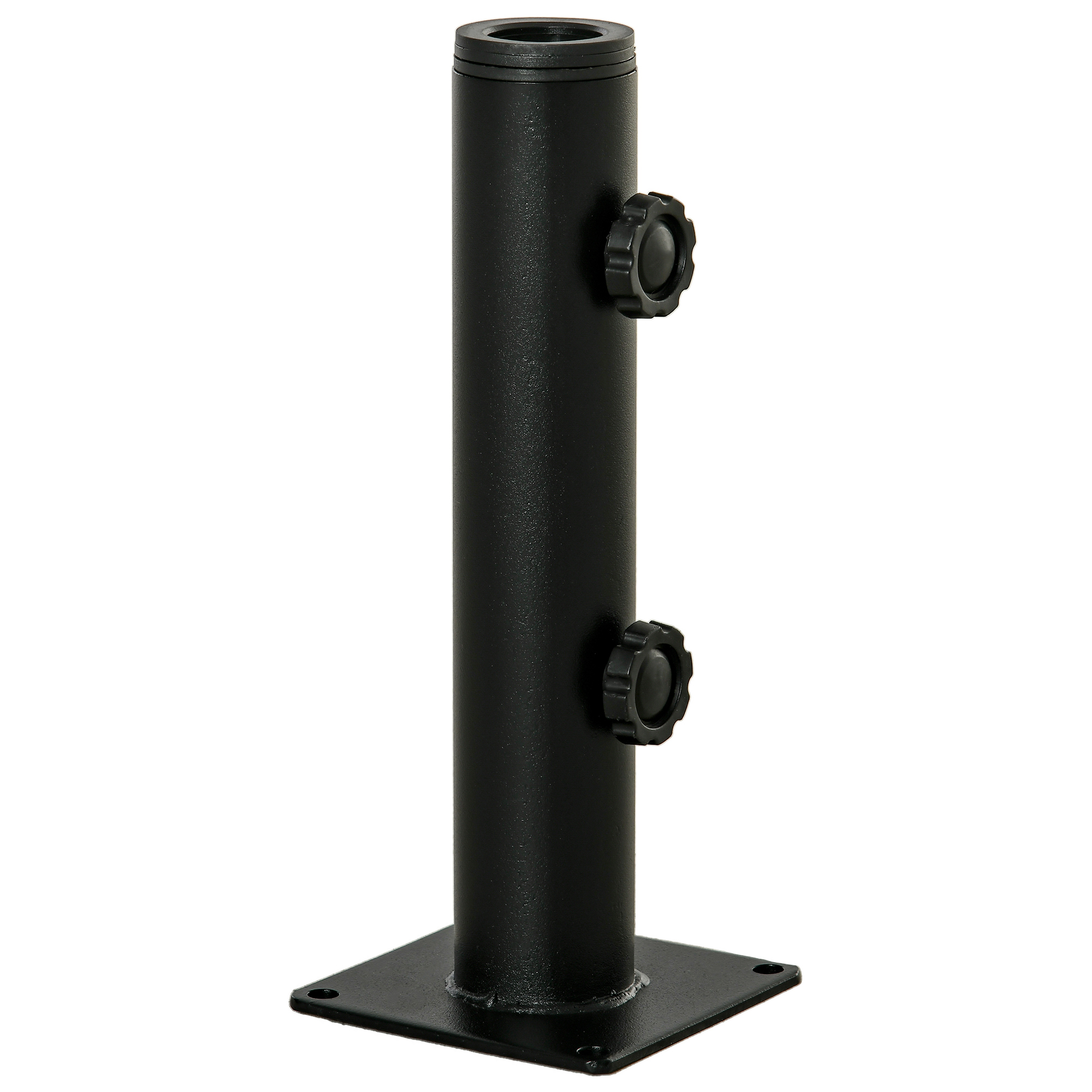 Suporte para guarda-sol Outsunny para pisos de cimento com 2 botões de travamento e 4 parafusos de expansão, base para hastes de guarda-sol de 34/38/48 mm, 12x12x30 cm, preto