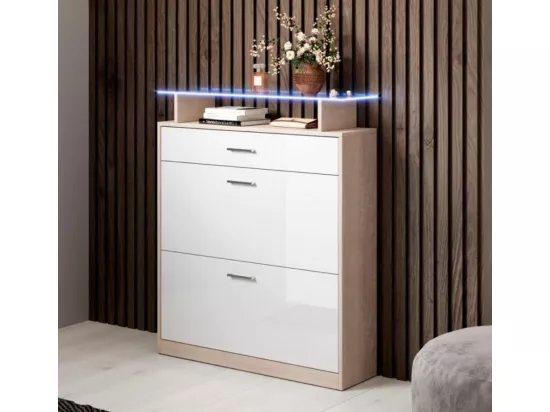 Meuble d’entrée à chaussures en Blanc avec LED 89x24x105cm Paola