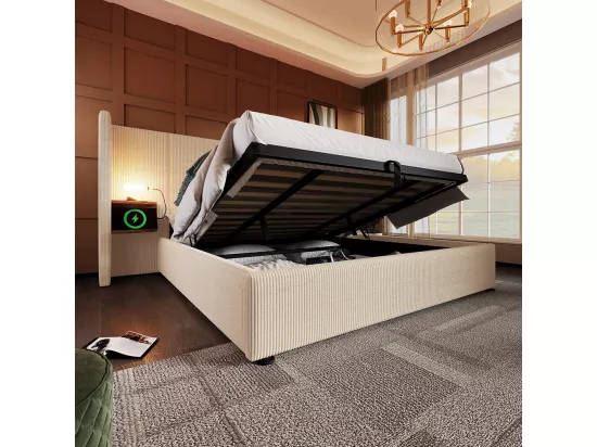 Lit double capitonné (180 x 200) avec table de chevet, liseuse et chargeur USB Type-C, beige, tissu velours côtelé.
