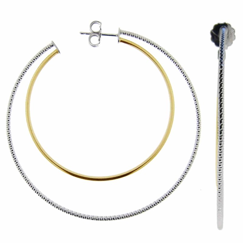 Boucles D'oreilles Créoles Deux Anneaux Grand Modèle Argent Doré Rhodié Lisse Et Diamantée Diamètre 55mm