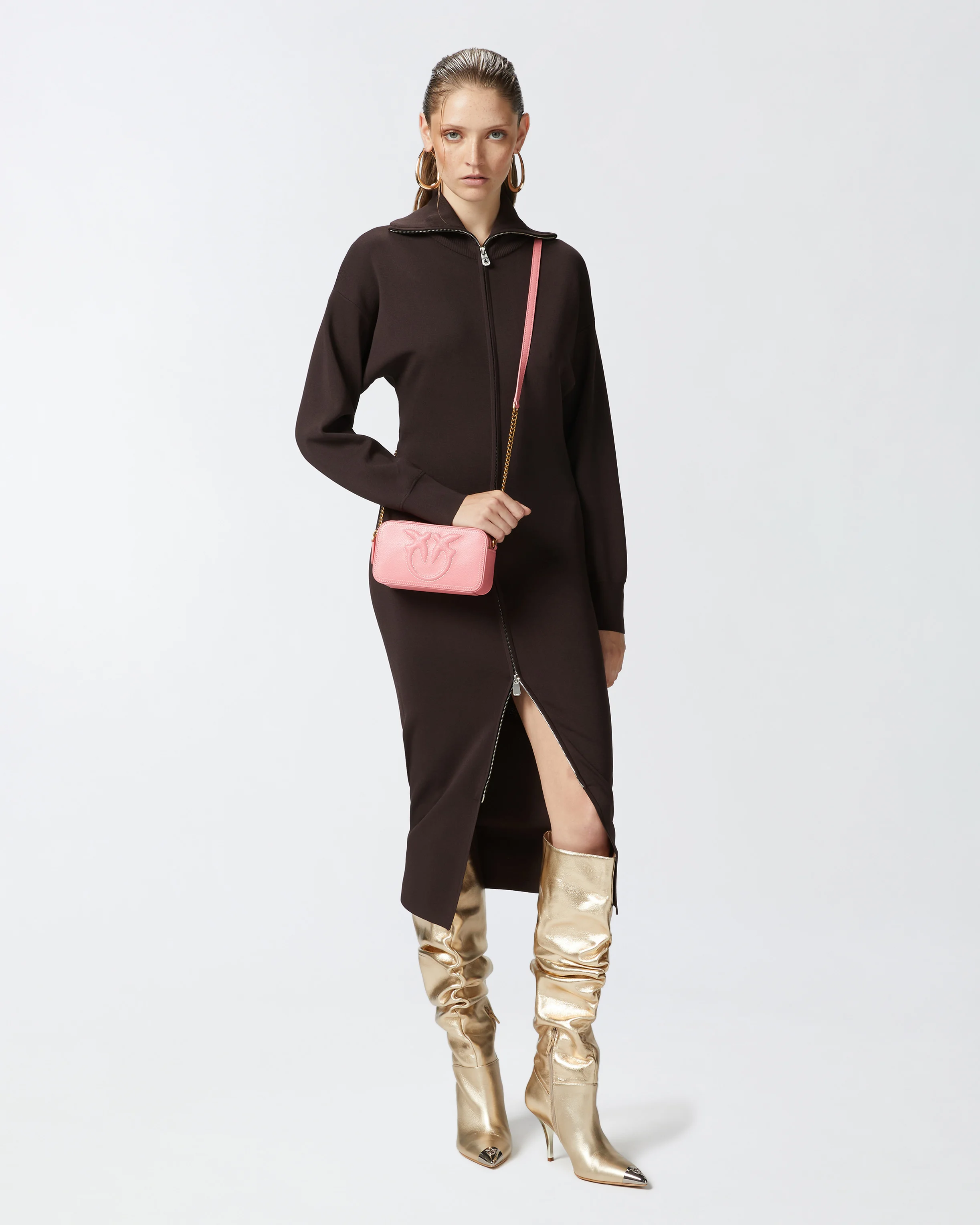 Robe midi à col montant et fermeture zippée | Marron