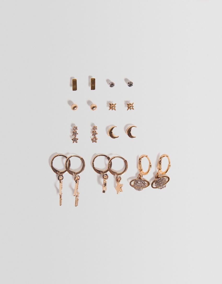 Conjunto de 9 brincos de planeta com estrelas e listras de strass