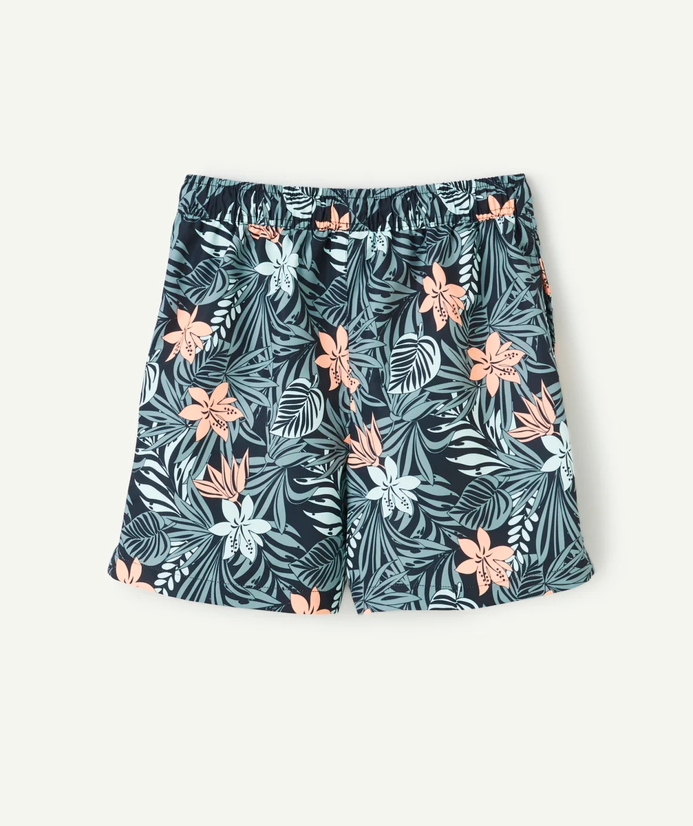 SHORT DE BAIN GARÇON EN FIBRES RECYCLÉES NOIR ET IMPRIMÉ TROPICAL