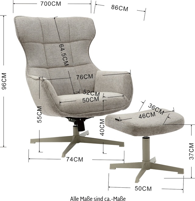 INOSIGN Drehsessel »DEGAN Ohrensessel mit Hocker im Set« Relaxsessel mit 360-Grad-Drehfunktion u. Hocker, Webstoff