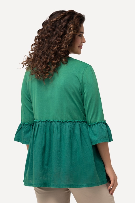 T-Shirt, Volantsaum, A-Linie, V-Ausschnitt, 3/4-Arm