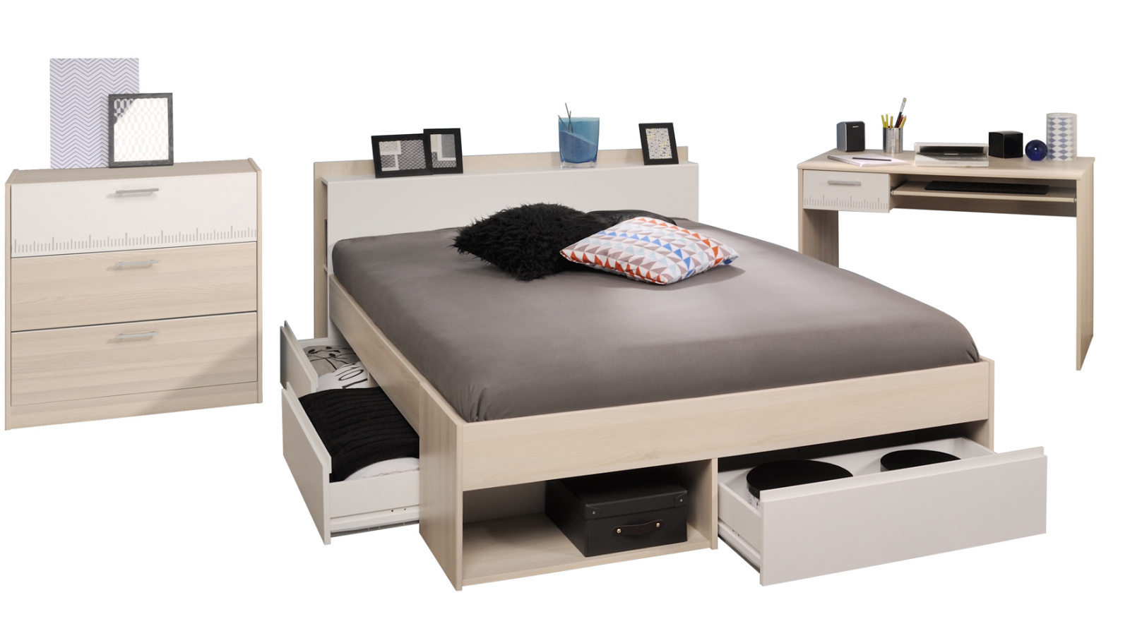 3-teiliges Jugendzimmer-Set MOST 59 - Akazie-weiß - Kommode - 140x200 cm