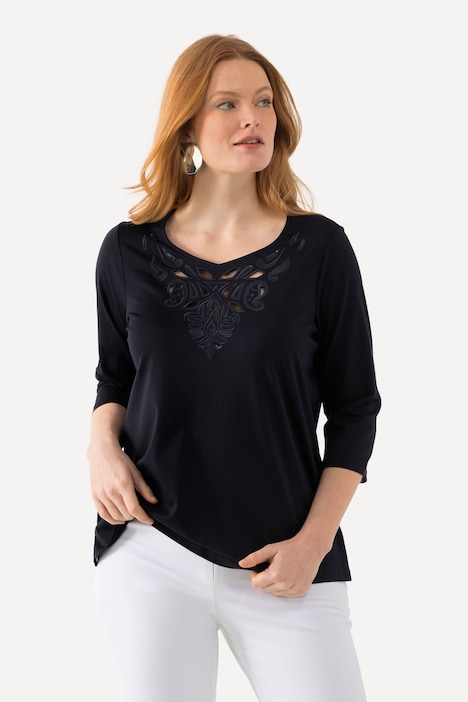 Shirt, Stickerei, Classic, Herzausschnitt, 3/4-Arm