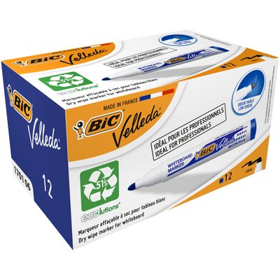 BIC VELLEDA 1701 - Pack de 12 marqueurs effaçables - pointe ogive - bleu