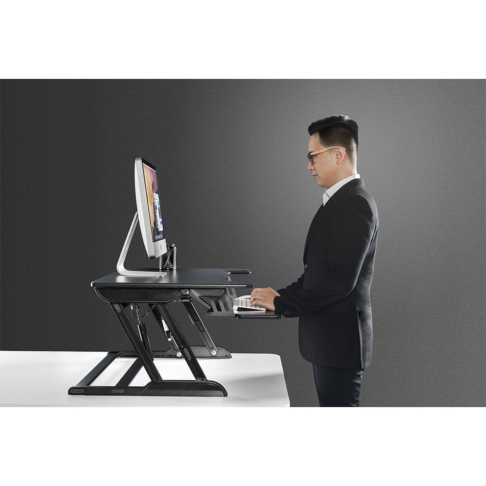 Sit Stand Höhenverstellbarer Alu Stehpult Tischaufsatz Ständer für Laptop / Monitore und Maus / Tastatur - Weiss