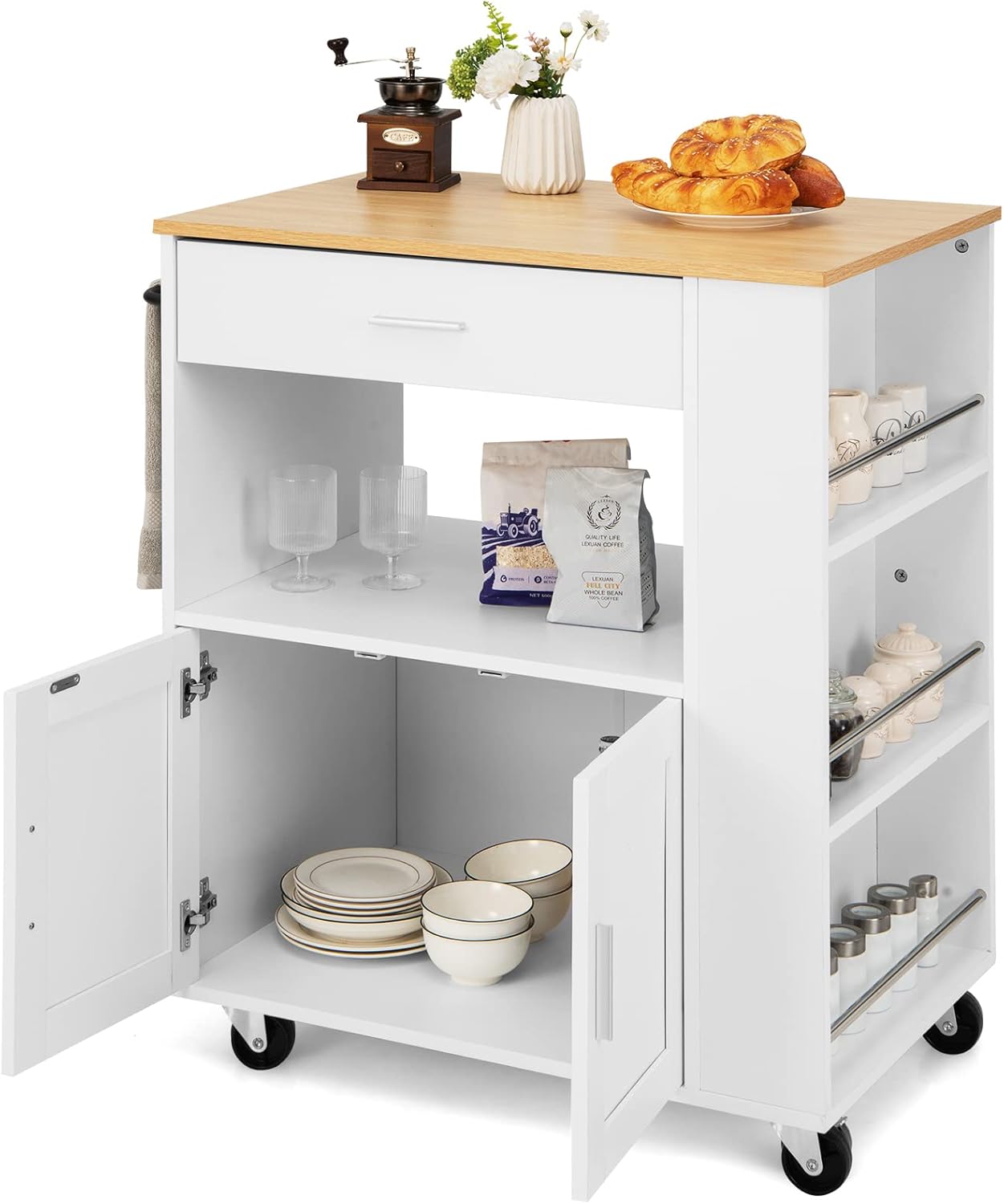 GIANTEX Desserte de Cuisine à roulettes, Chariot de Rangement avec Compartiment Ouvert pour Micro-Ondes, Tiroir, Placard avec 2 Portes, Porte-Épices à 3 Niveaux, Blanc IV5272882