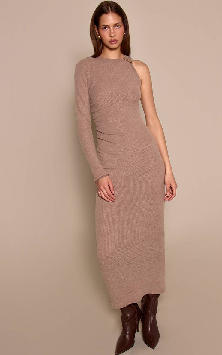 Taupe Robe Moulante Côtelée Brossée Avec Détail De Finition