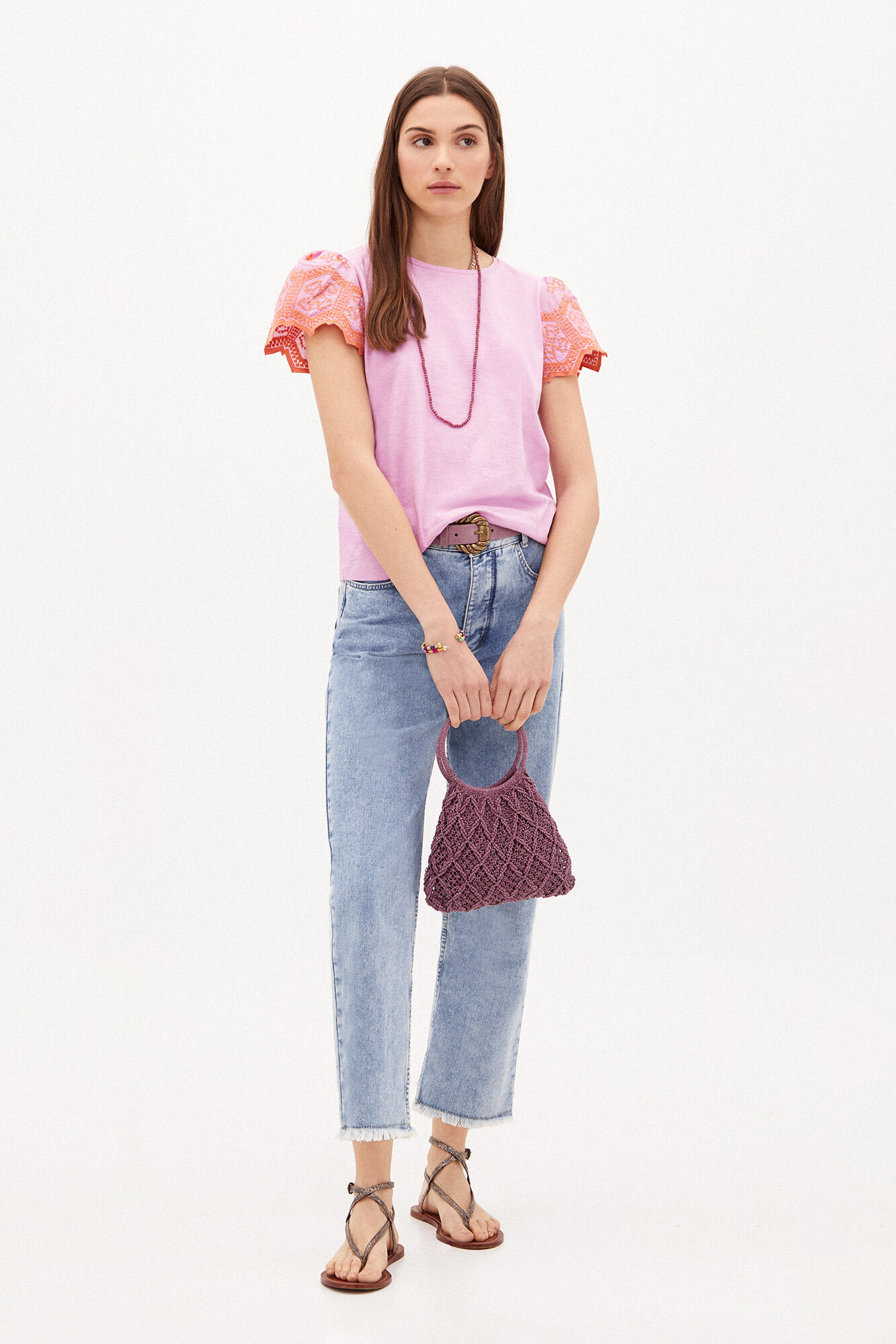 Camiseta Marie de algodão bordada - Rosa
