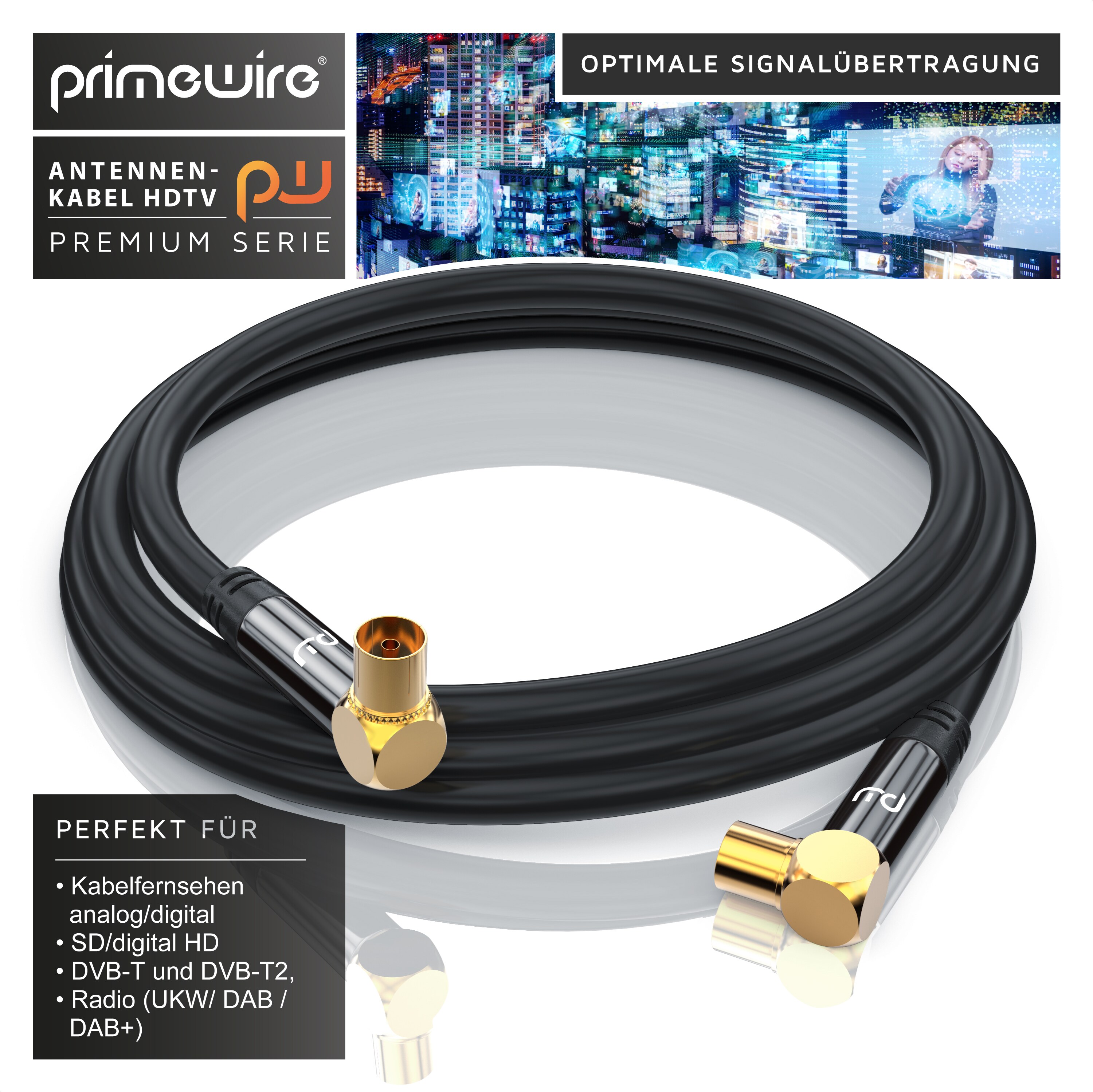 Primewire Antennenkabel 90° gewinkelt, Koax, TV-Kabel, RF, IEC, HDTV, 4-fach Schirmung, 75 Ohm, 120dB - 2m