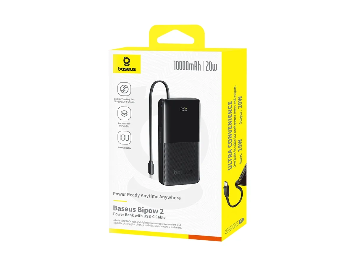 (20W) 10000mAh Bipow 2 USB A / USB C Powerbank Power Delivery Ladegerät inkl. USB C Ladekabel mit LED Anzeige (P10077101113-00) - Schwarz