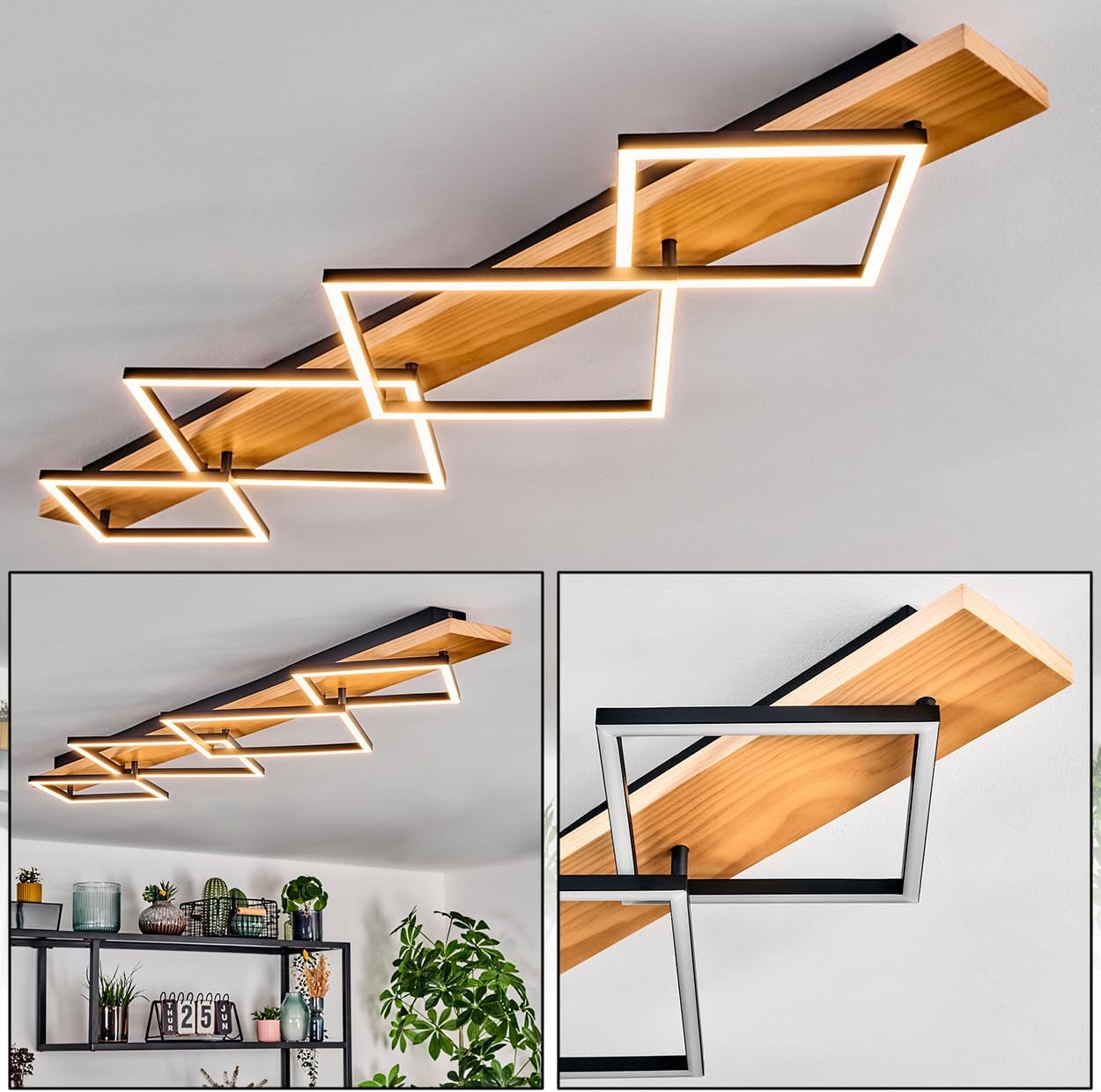 HOFSTEIN LED Deckenleuchte Pompu, Deckenlampe aus Metall/Holz/Kunststoff in Natur/Schwarz/Weiß, 56 Watt, 7600 Lumen, 3000 Kelvin, moderne Leuchte für Schlafzimmer, Esszimmer, Wohnzimmer, Küche, Flur