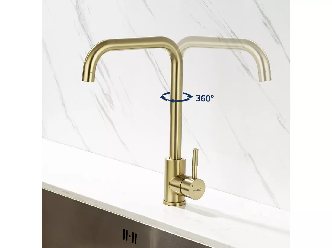 Lonheo Max 2pcs Robinet Cuisine,Mitigeur Evier Flexible Rotatif 360°,Mitigeur Cuisine Inoxydable avec Aérateur Démontable, Doré Brossé,EU Modèle