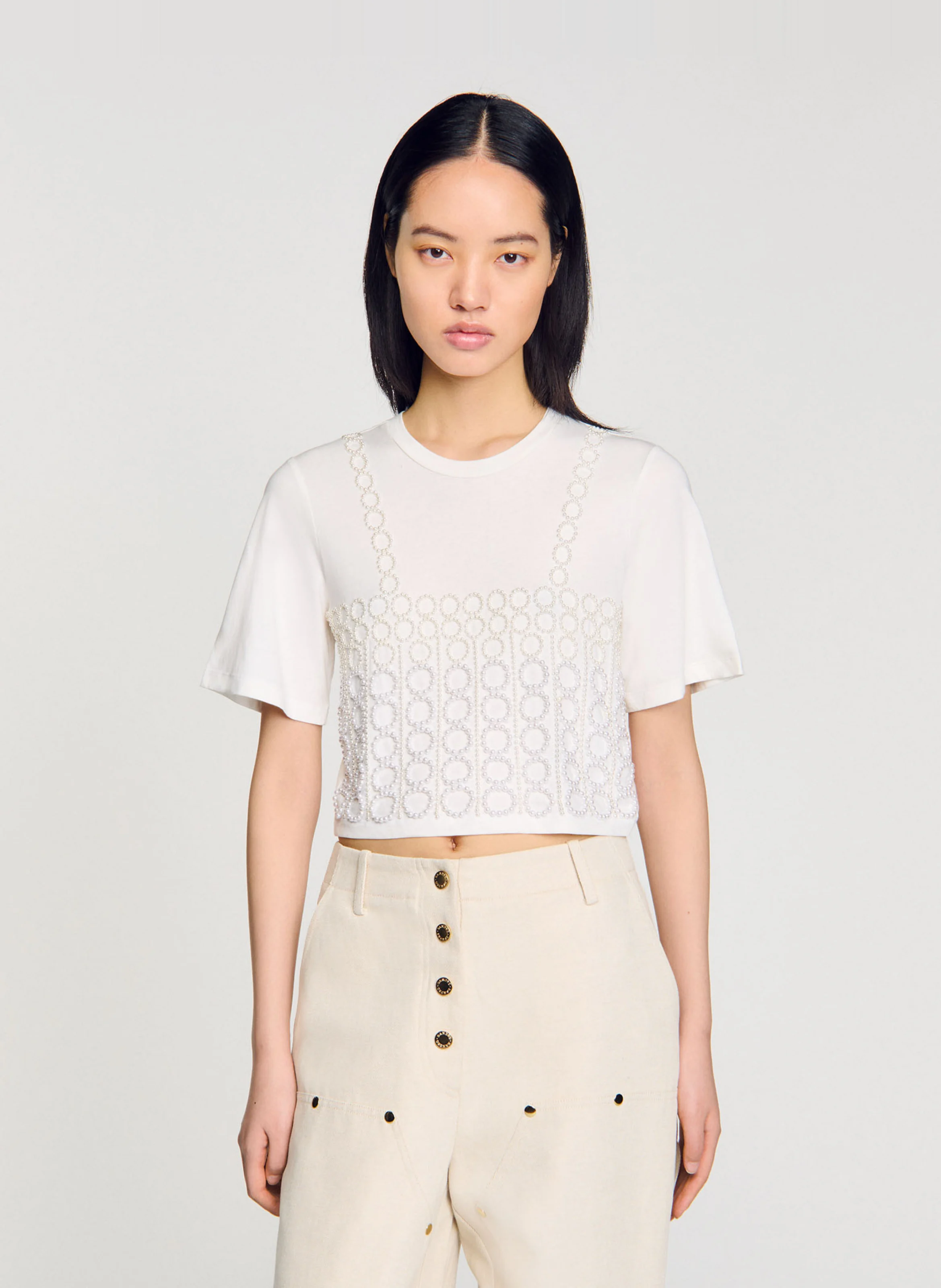 Tee-shirt court à broderies perles | Blanc